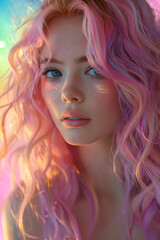 Fototapeta premium Beautiful model with colorful hair in pastel tones. Fashion photoshoot concept in digital painting style.