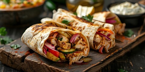 Obraz premium Shawarma with pickles hummus on a rustic wooden board at a fastfood joint. Concept Shawarma, Pickles, Hummus, Fast Food, Rustic Wooden Board