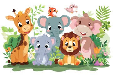 A giraffe, three elephants, a lion, and two birds are smiling and looking at the viewer while standing together in a jungle environment