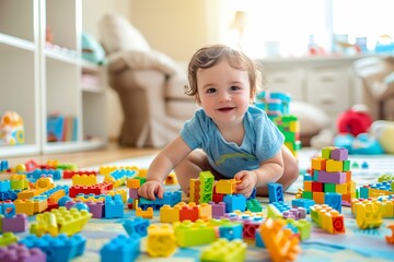 Fototapeta premium Smiling Toddler Playing with Building Blocks on the Floor