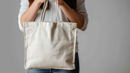 woman holding shopping blank canvas tote bag in her hands mockup