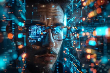 Witness the Cyber Security Guardian immersed in a digital environment, overseeing online data protection for a global business network server. With a focus on safeguarding cyber information