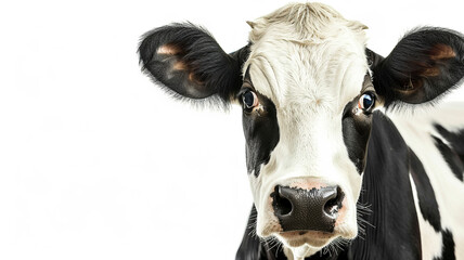 Black white cow Looking straight into the camera on a white background	