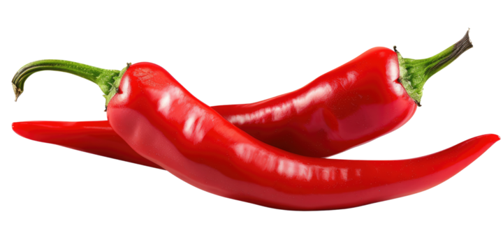 Two red delicious spicy chili peppers cut out, isolated, transparent background - PNG.