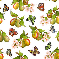 Branches with flowers and pears.Branches with pears, flowers and butterflies on a white background in a vector pattern.