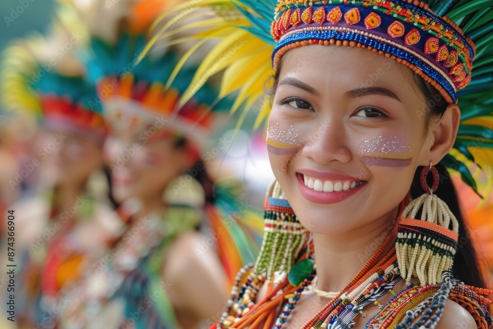 Wall mural a young woman wearing colorful beaded headwear and jewelry smiles brightly