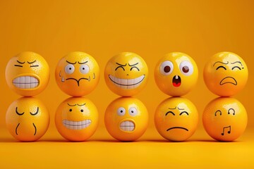 A row of eight yellow emoji balls displaying various facial expressions, from happy to sad, on a solid yellow background