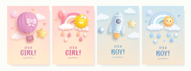 Set of baby shower card, poster, invitation design template with rocket, rainbow, sun, hot air balloon on colorful background. Its a girl, its a boy. Vector illustration