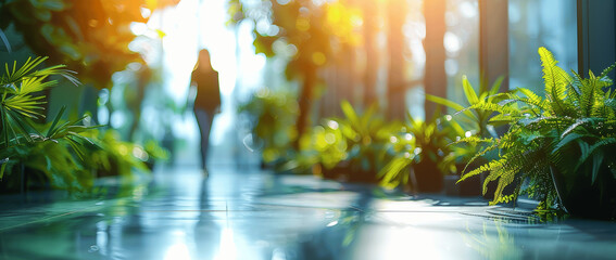 crowd of business people walking in bright modern office lobby with glass walls and green plants