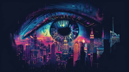 Obraz premium all seeing eye, psychedelic style vector illustration with fantasy cityscape on black background, detailed and colorful, highly realistic, surrealistic style, dark colors, dark blue and pink color
