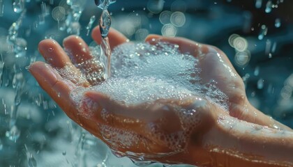 Fototapeta premium Close-up of water flowing onto a cupped hand, creating bubbles and foam.