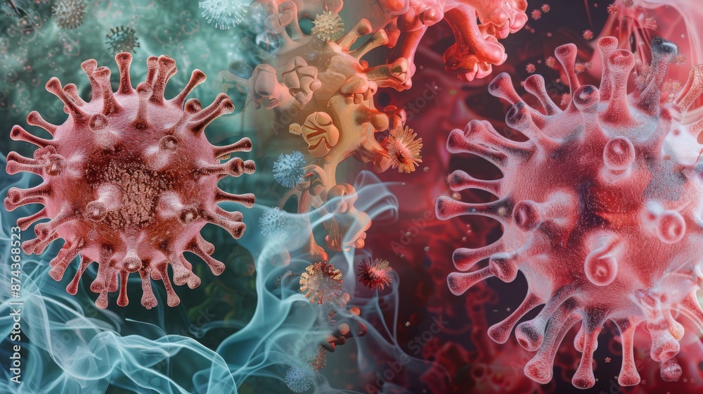 Aufkleber close-up of multiple coronavirus particles with a smoky blue background and red background.