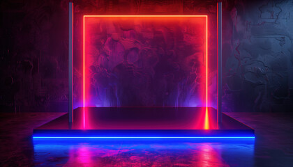 Neon-Lit Product Stand In Dark Room Background: 3d Rendering Showcasing A Blank Product Stand Illuminated By Neon Lights On A Dark Room Background.