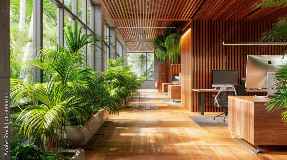 Poster a modern office corridor with wood paneling and large windows overlooking greenery. the space is fil