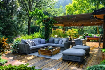 Obraz premium A sectional sofa with grey cushions sits on a wooden deck, surrounded by greenery and a pergola