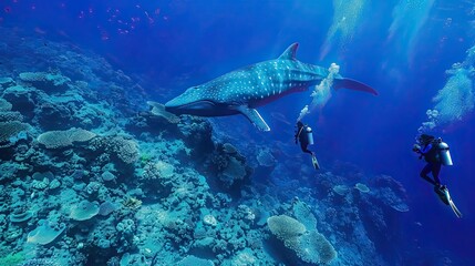 Fototapeta premium group of scuba diving student in tropical ocean coral reef sea under water with big whale