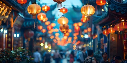 Lively Asian market at dusk with lanterns and people evokes vibrant culture. Concept Travel, Asian Culture, Night Market, Lanterns, Vibrant Atmosphere