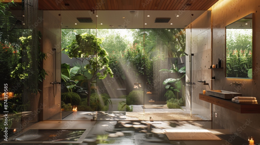 Poster a modern bathroom with large glass windows overlooking a lush, tropical garden. sunlight streams thr