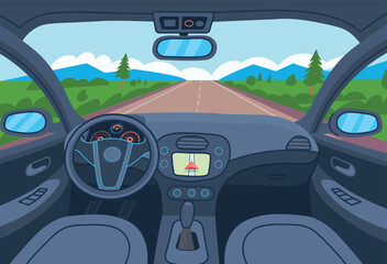 Car interior, view inside the car with steering wheel, dashboard and road, illustration in flat style. Cartoon vector illustration.