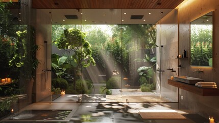 Fototapeta premium A modern bathroom with large glass windows overlooking a lush, tropical garden. Sunlight streams through the trees, creating a relaxing and serene atmosphere.