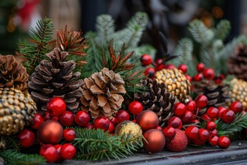 Pine cones, holly berries, and Christmas ornaments on a wooden surface