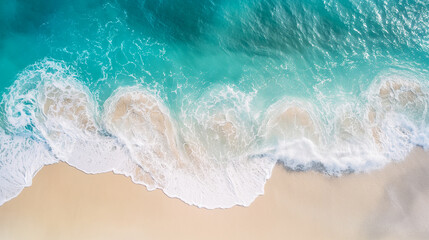 Top view of clear blue waves roll onto a sandy beach, capturing the essence of a peaceful and sunny tropical paradise.