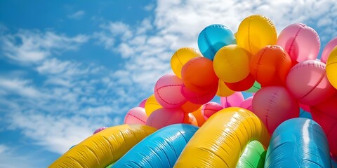 Inflatable toys create whimsical structures in a bright sky with fluffy clouds. Concept Photography, Outdoor, Playful, Whimsical, Inflatable Toys