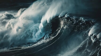 Surfer Riding a Massive Wave