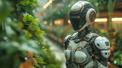 Fototapeta premium A sophisticated humanoid robot engaged in agricultural activities at an indoor farm, surrounded by lush green plants.