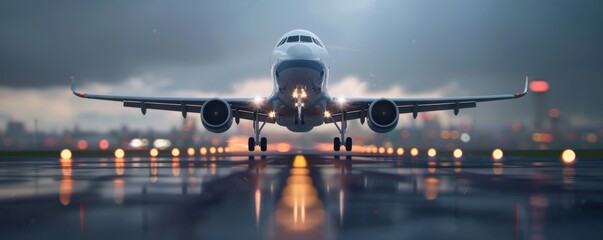 Commercial airliner on runway during cloudy dusk, illuminated by runway lights. Cityscape background and wet surface reflections add drama.