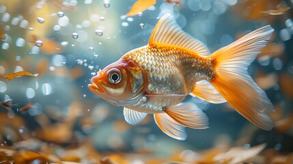 A Single Goldfish Swimming in a Freshwater Aquarium With Bubbles