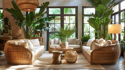 A living room with three wicker sofas, a coffee table, and two wicker side tables. The room is filled with tropical plants and has large windows that let in natural light.