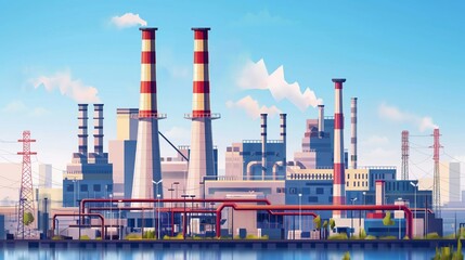 Obraz premium Huge energy generation plant with pipes. Dirty electricity production. Gas, coal electro station