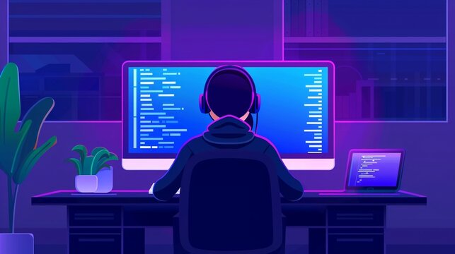 A person coding security protocols, Realistic, Natural and blue hues, Detailed coding and computer