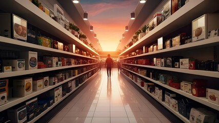 Shopping in an open air supermarket, air fryer machines products, green and sustainable, sunrise, warm tones.	