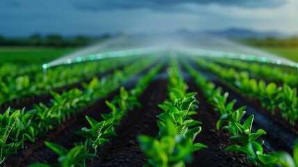 Smart irrigation sprinklers operating in a field, Realistic, Green and blue tones, Detailed sprinklers and crops