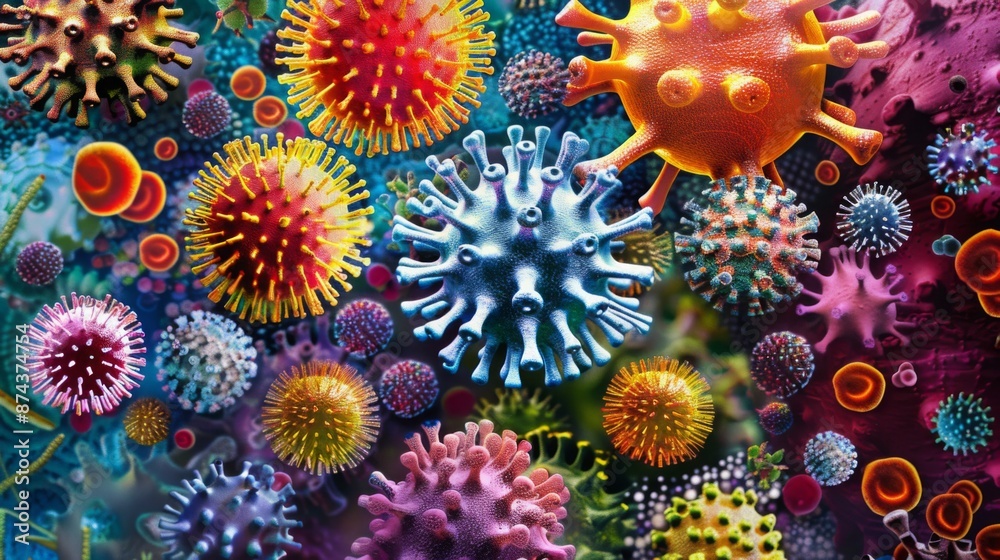 Aufkleber A digital illustration of a variety of colorful viruses, each with a unique shape and structure, set against a vibrant background.