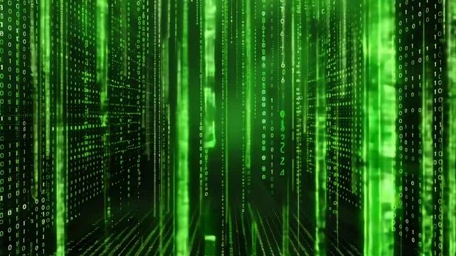 Futuristic green digital matrix with glowing lines and code patterns