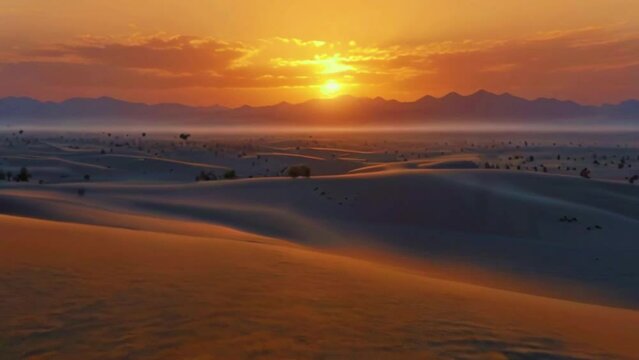 the heat haze creates a mirage effect, making the road seem like it's leading to an oasis. The dunes appear to shimmer in the early morning light, 4K Ultra HD animation video