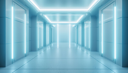 Obraz premium Modern, Futuristic Empty Floor And Room Sci-Fi Corridor With Light For Showcase, Room, Interior, Display Products. 3d Render Cement Background Technology Concept.