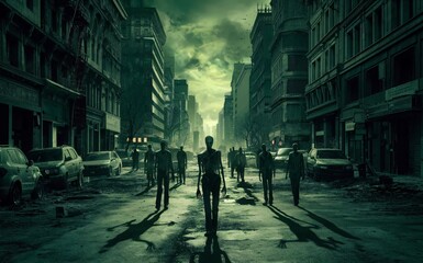 A zombie apocalypse scene in an abandoned city, with undead wandering the streets