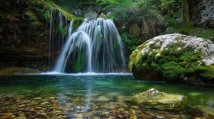 Fototapeta premium A serene waterfall in a hidden glade, with moss-covered rocks and clear, cool water flowing into a pool below.