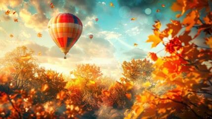 Obraz premium Autumnal Dreamscape with a Hot Air Balloon Soaring Through Golden Leaves and a Sunlit Sky.