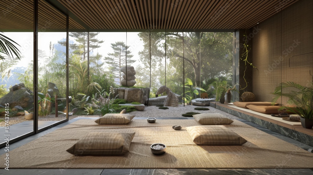 Poster a room with large windows overlooking a zen garden, featuring a matted floor and cushions for seatin
