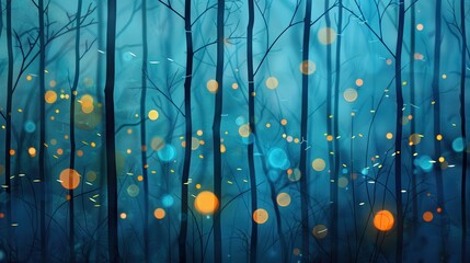 Enchanting forest scene with glowing orbs, ethereal blue hues, and illuminated lights creating a magical atmosphere. Perfect for fantasy and nature themes.