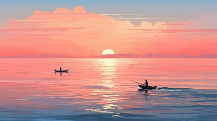 Fototapeta premium The setting sun shines on the calm sea