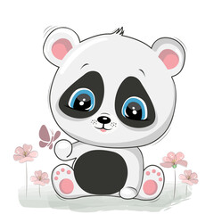Cute baby panda on the lawn. Drawn cartoon character. Vector panda animal. Panda with flowers.