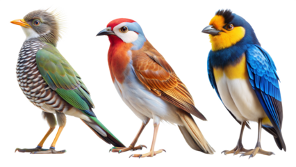 Three birds of different colors are standing next to each other