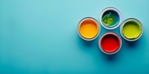 Top view of four open paint cans in bright colors on table. Concept Paint Cans, Bright Colors, Top View, Table, Art Supplies