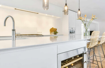 Bottles with alcohol in modern wine cabinet with humidity control placed in light kitchen with...